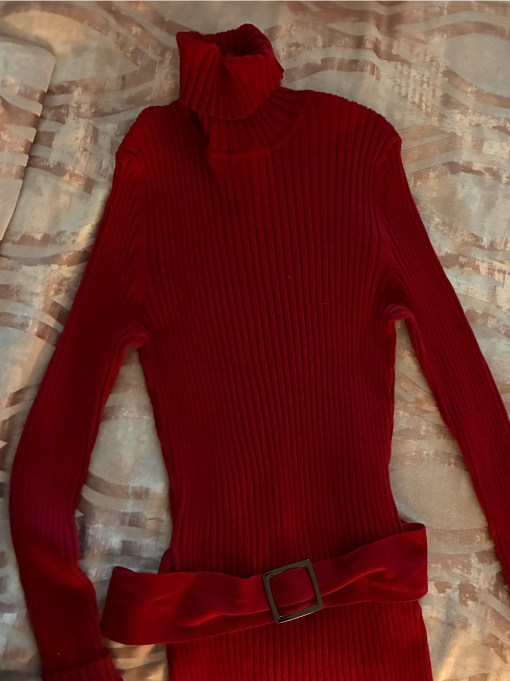 Red Ribbed Turtleneck Sweater with waist/hip sash- Women's
